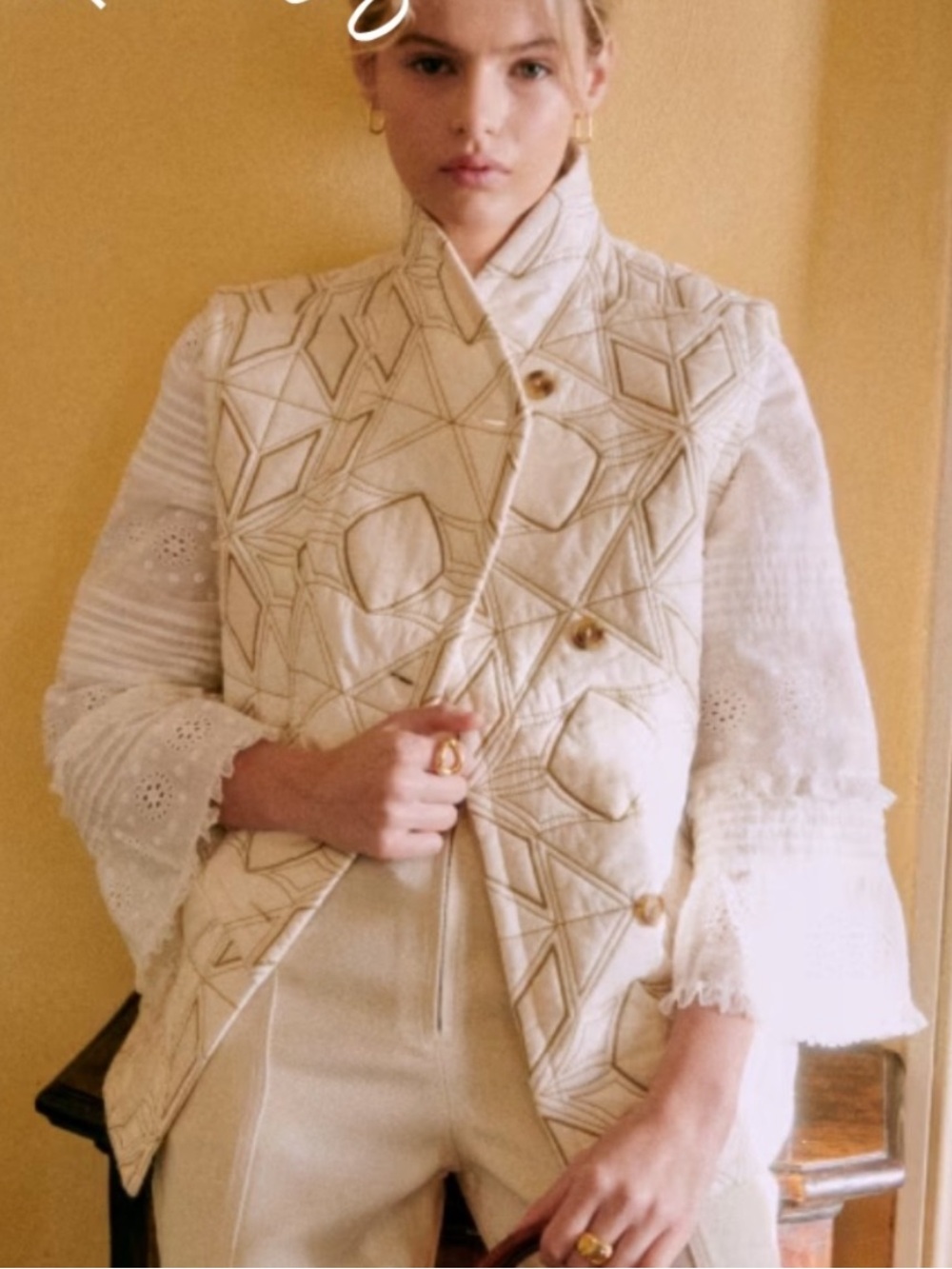 Sezane Carlo Jacket Vest Cream Quilted Button-Front 34 / S Small